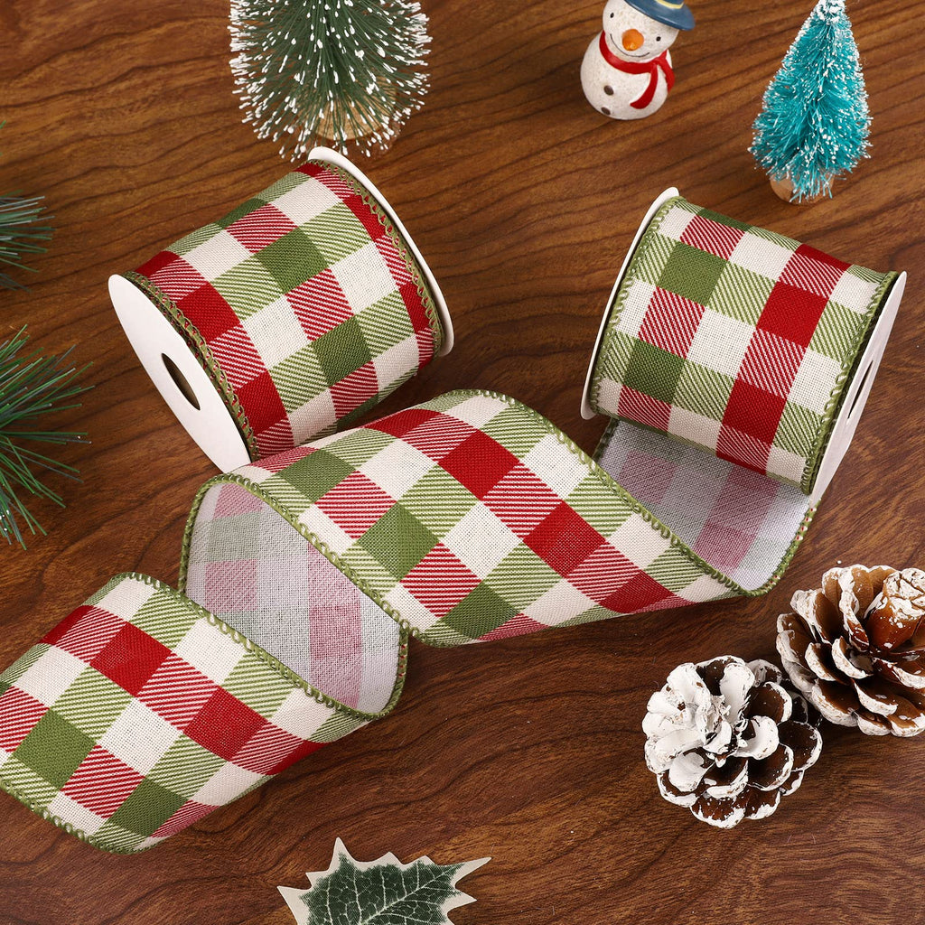 2 Rolls Wired Edge Plaids Ribbon - Christmas Buffalo Check Red Green