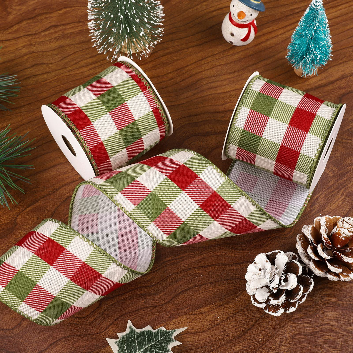2 Rolls Wired Edge Plaids Ribbon - Christmas Buffalo Check Red Green