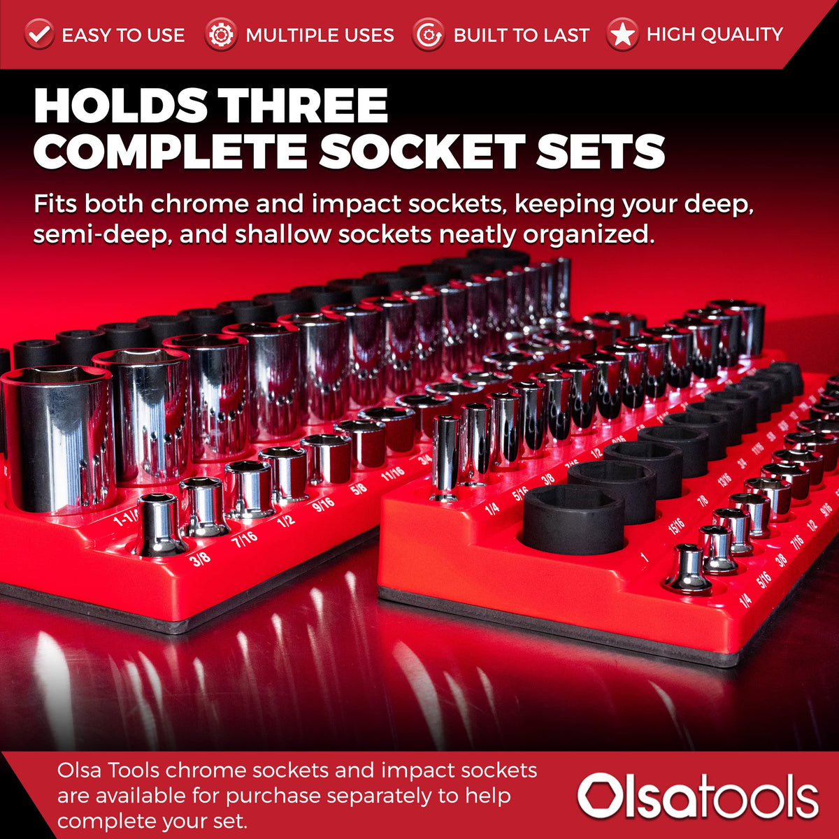 Olsa Tools Magnetic Socket Holder 3sets Drive Metric, 123 Sockets, Red