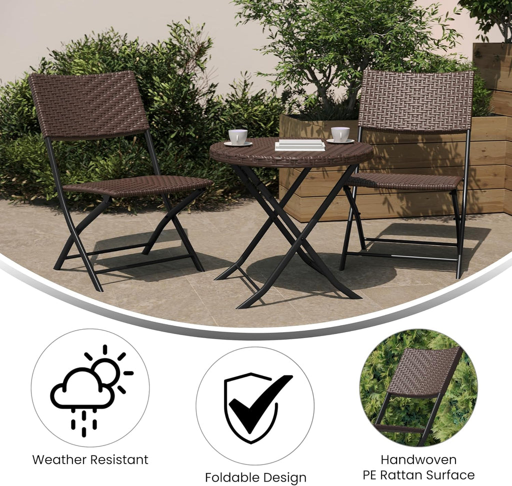 Three Piece Commercial Grade Foldable Bistro Set, Indoor/Outdoor PE Rattan Back, Seat and Table Top, Brown with Black