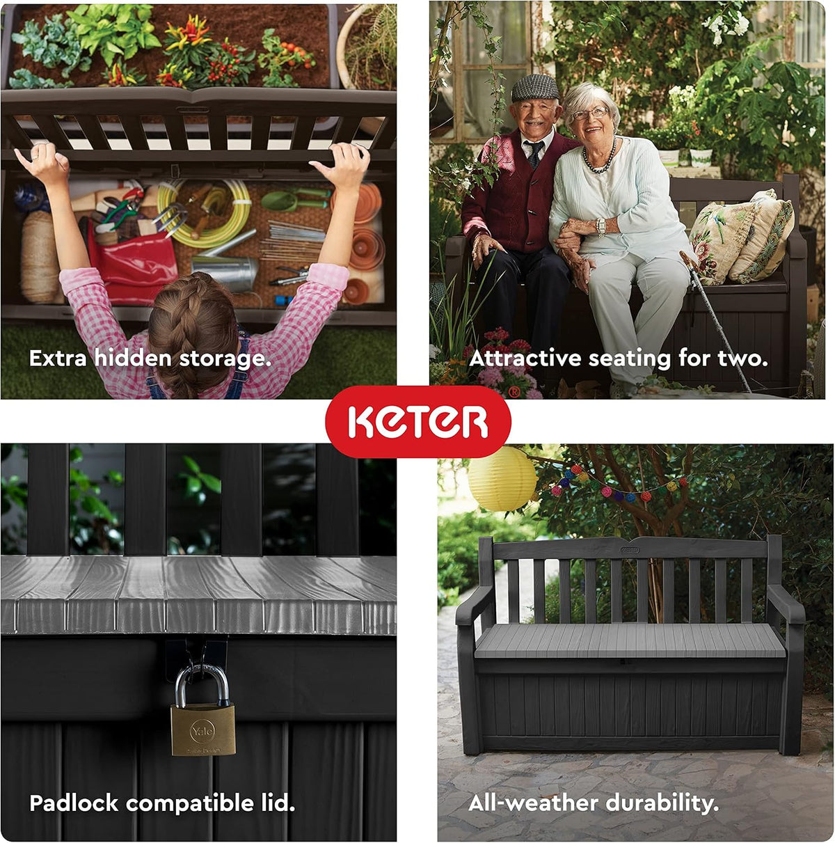 Keter Solana 70 Gal Outdoor Storage Bench for Patio and Pool Accessories | Grey, Resin, Seating, Weatherproof
