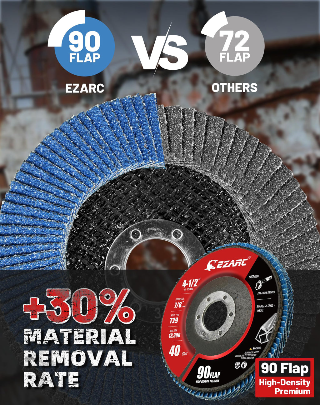 EZARC Zirconia High Density Flap Discs 40Grit, 4.5x7/8", Type29, 50Pack