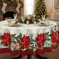 Christmas Poinsettia Tablecloth 70 Inch, Vintage Red Floral Bell Pine Cone Round Table Cover, Xmas Border Design