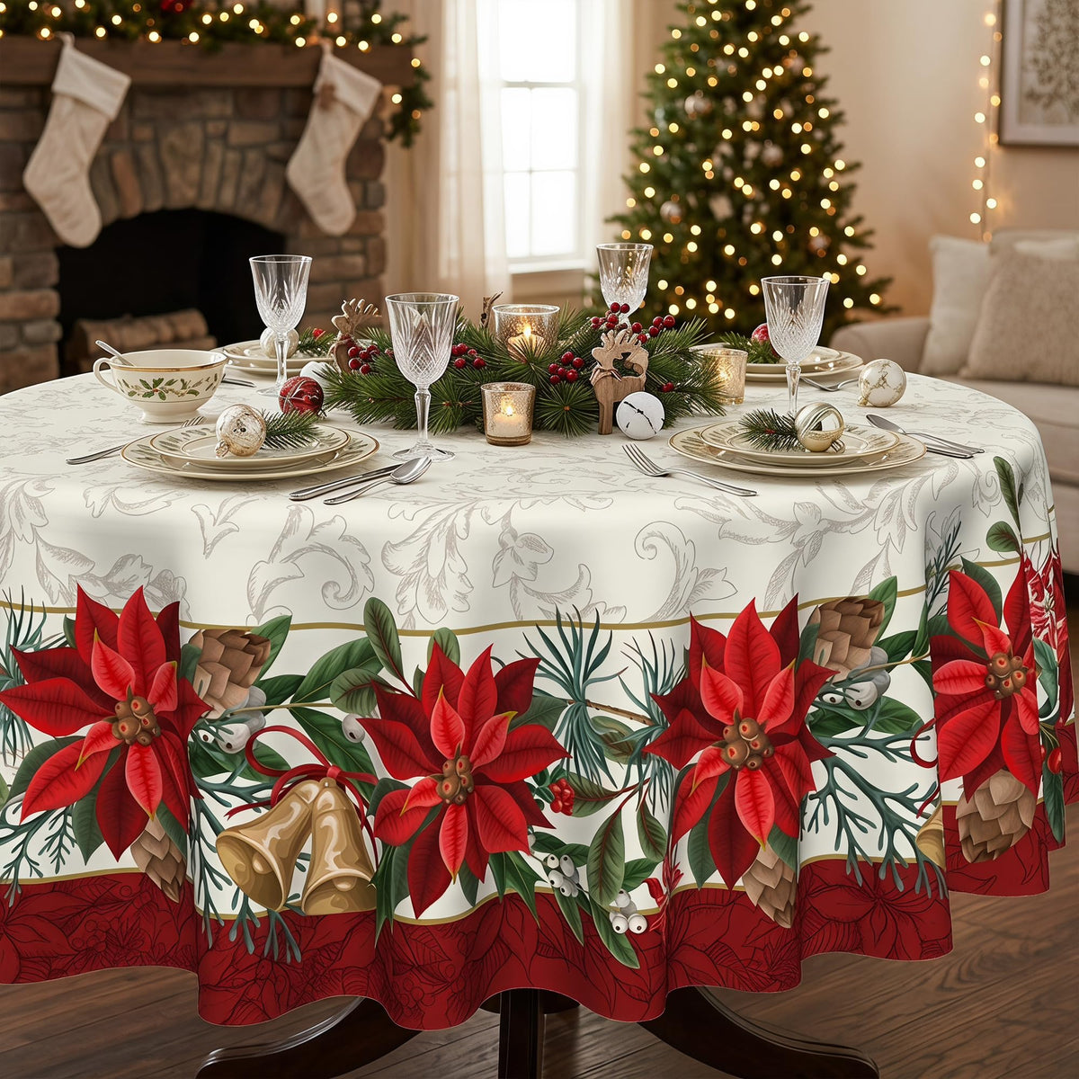 Christmas Poinsettia Tablecloth 70 Inch, Vintage Red Floral Bell Pine Cone Round Table Cover, Xmas Border Design