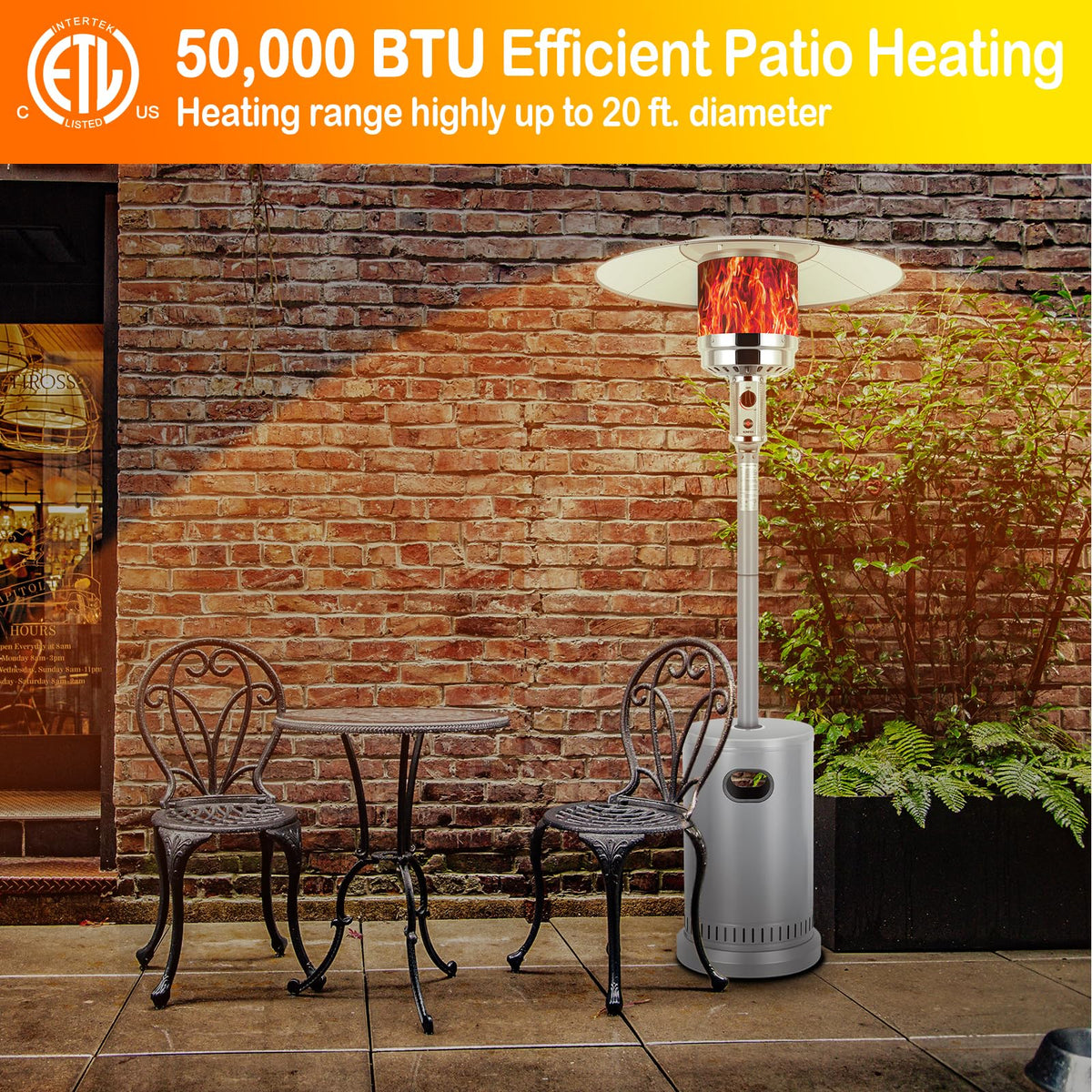 50,000 BTU Propane Patio Heater, Stainless Steel Burner with Wheels, Table Design, Triple Protection System Outdoor