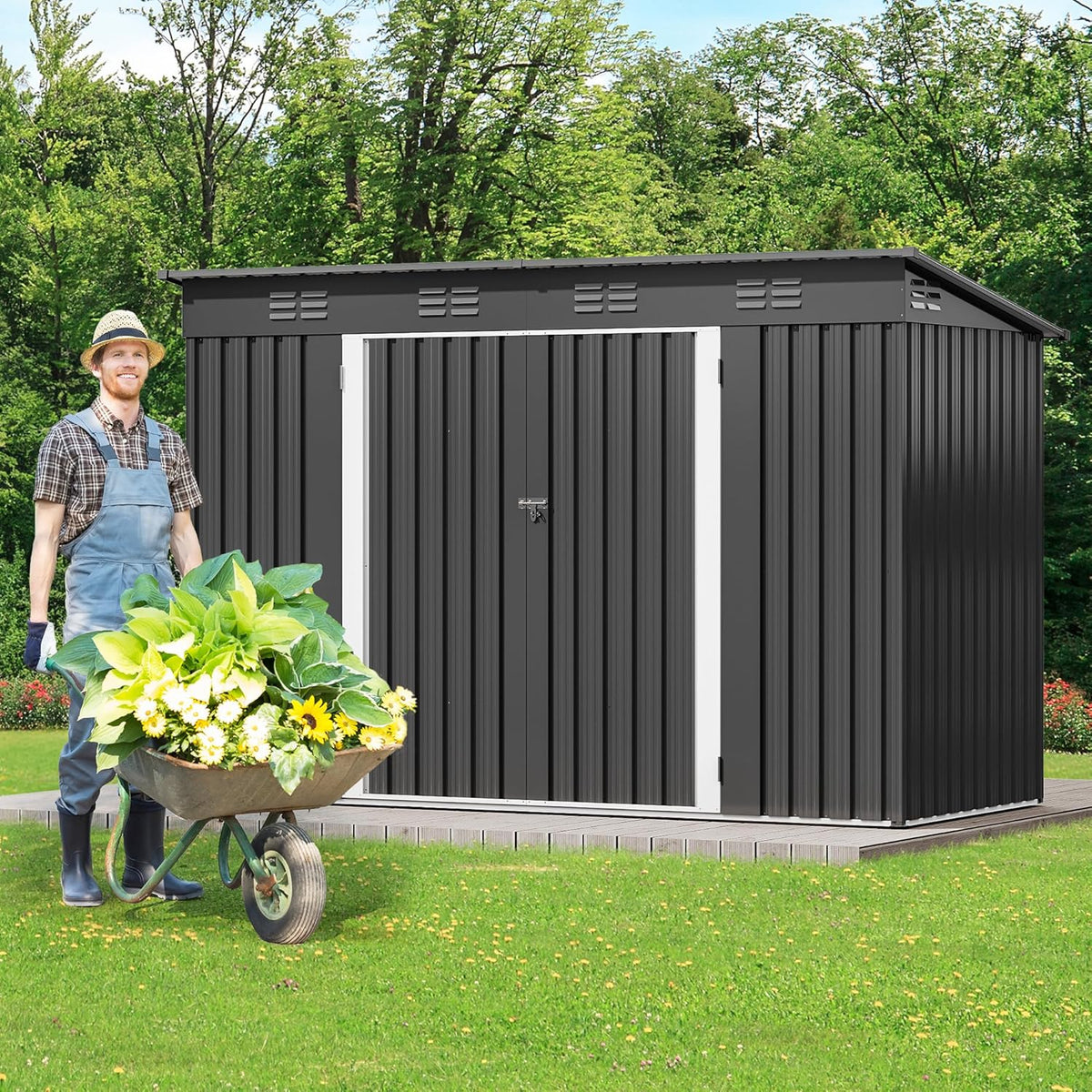 8.5x3.5ft Large Tool Storage Shed with Window, Lockable Doors, and Sloped Roof, Oversized Steel Outdoor Storage Shed