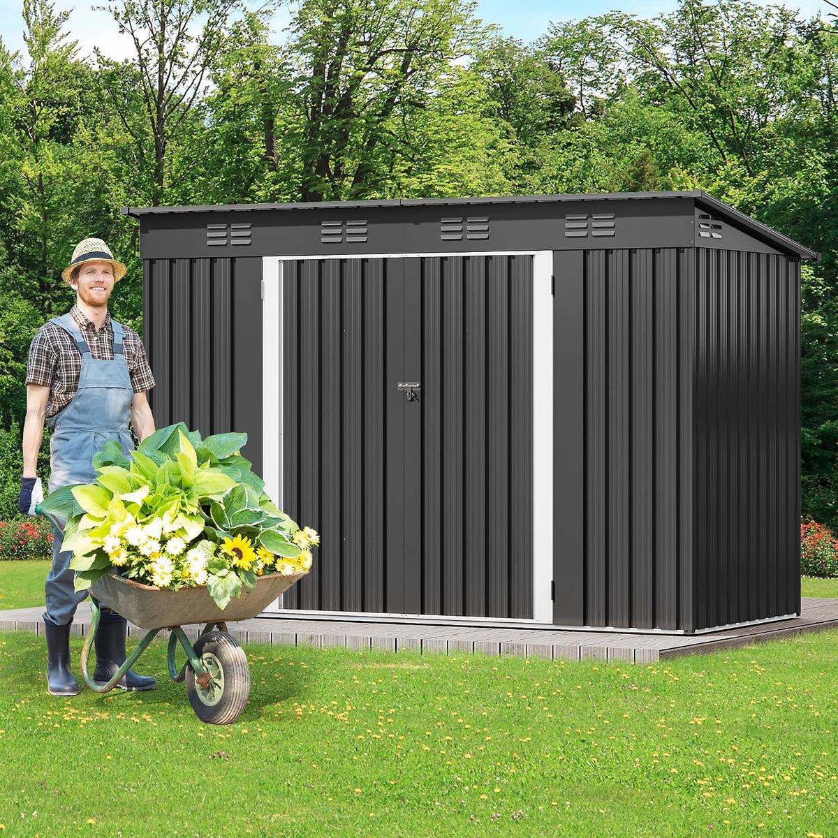 9' x 4' Outdoor Storage Shed with Windows, Lockable Double Doors, Sloped Roof, Heavy-Duty Steel Shed for Garden &