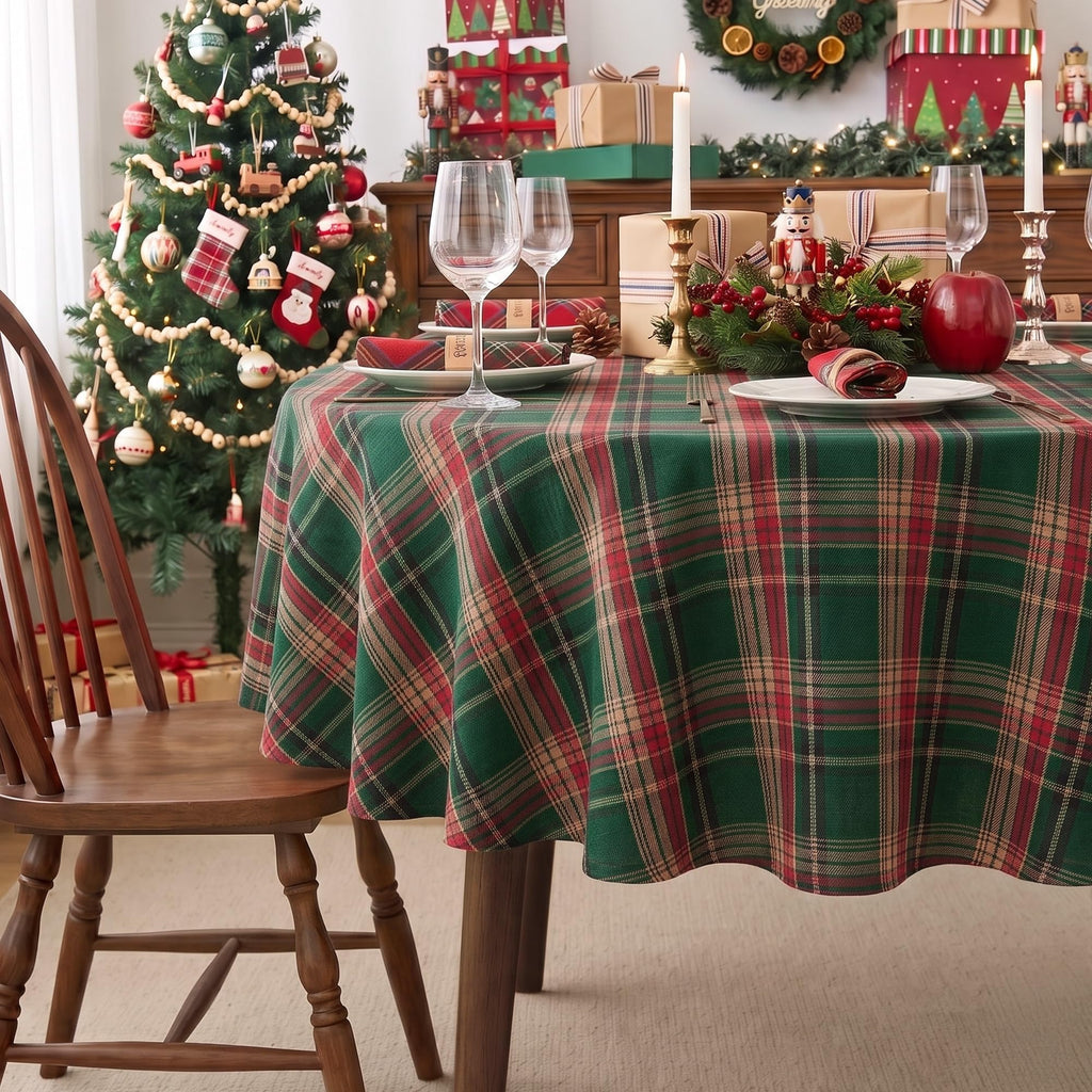 Round Christmas Tablecloth 60 Inch, Green and Red Buffalo Plaid
