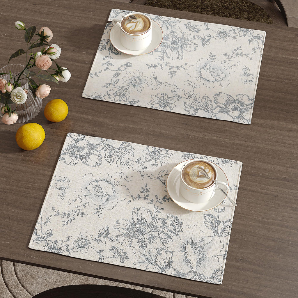 Alice Linen Floral Placemats Set of 4 Farmhouse 13x19 Inch Grey