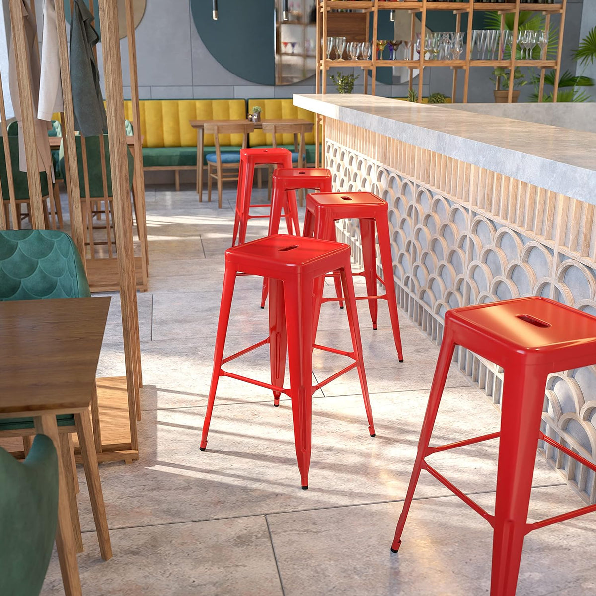 Commercial Grade 30" High Backless Red Metal Indoor-Outdoor BarStool with Square Seat