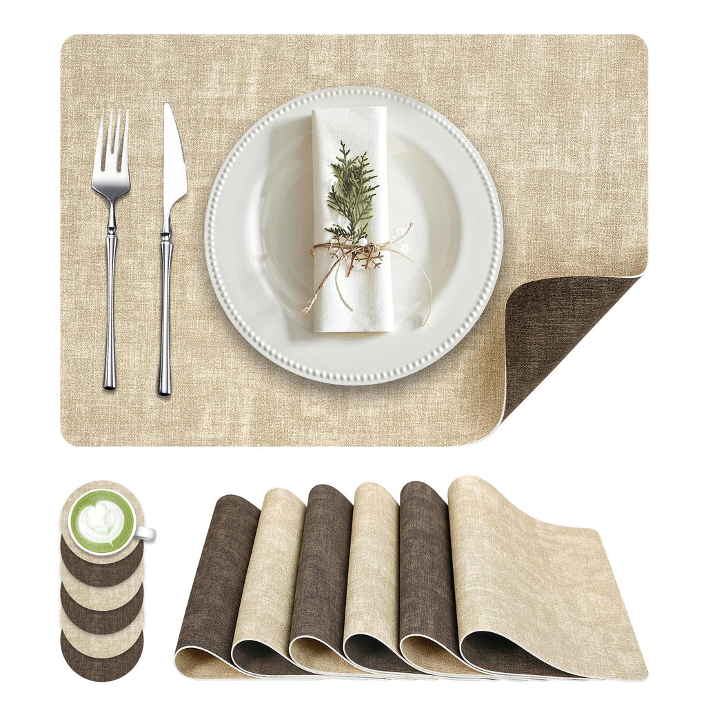 Placemats Set of 6 Wipeable Reversible Faux Leather with Coasters