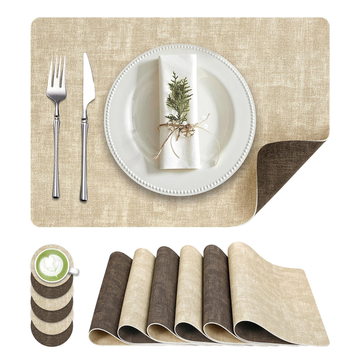 Placemats Set of 6 Wipeable Reversible Faux Leather with Coasters