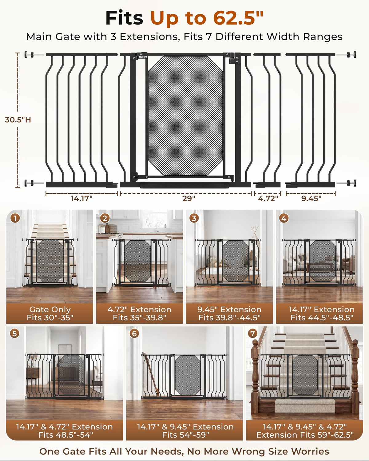 30-62.5" Extra-Wide Adjustable Hardware/Pressure-Mounted Pet & Child Safety Gate with Auto-Close Walk-Through Door for Stairs, Hallways & Wide Doorways — Black