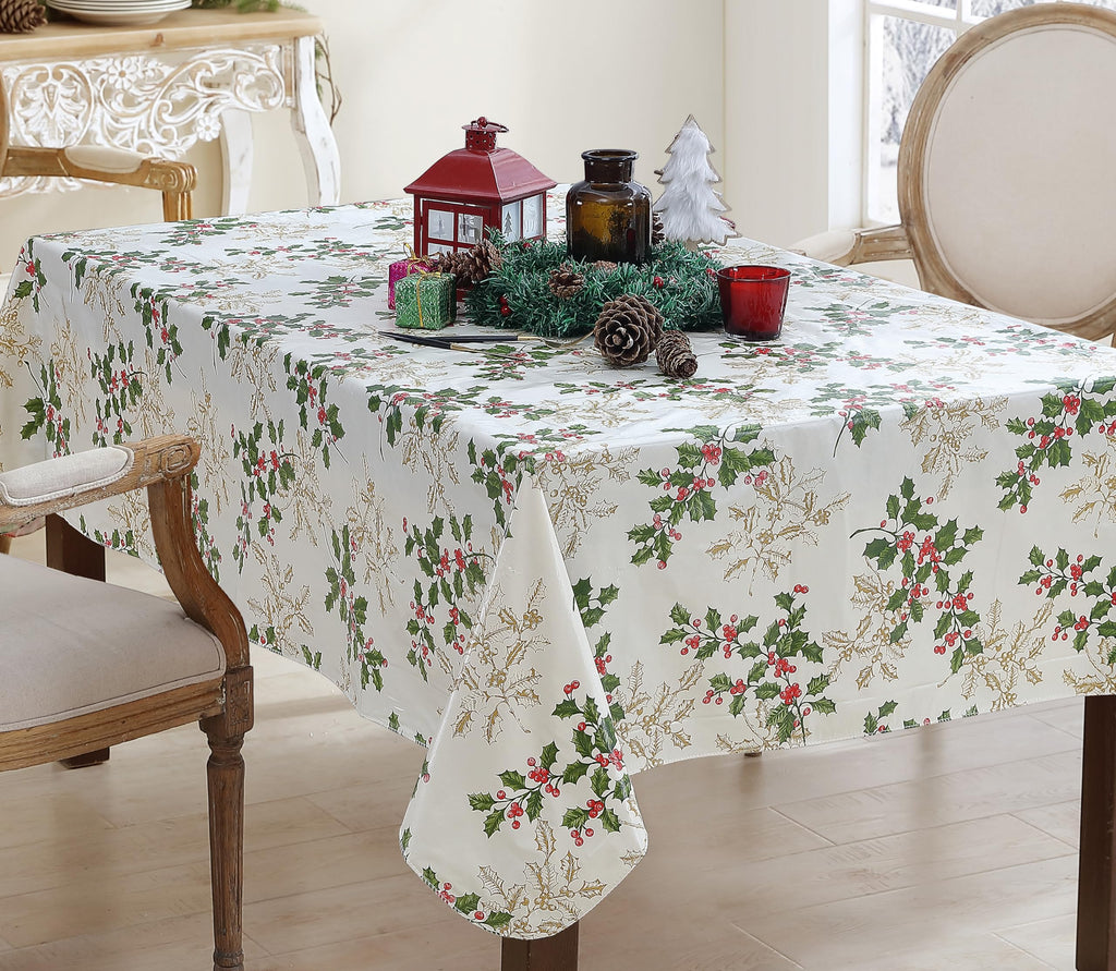 Christmas Ivory Golden Holly 60x84” Rectangle Vinyl Tablecloth