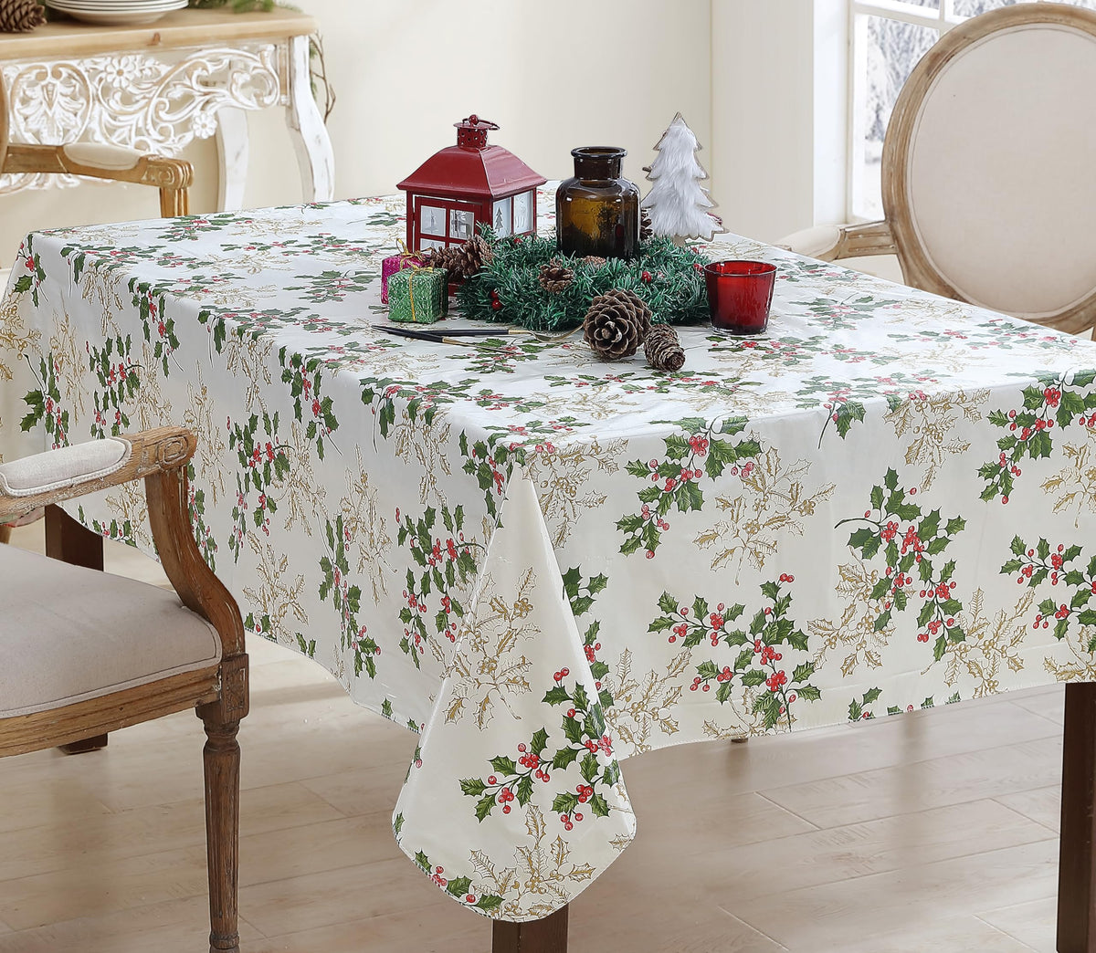 Christmas Ivory Golden Holly 60x84” Rectangle Vinyl Tablecloth