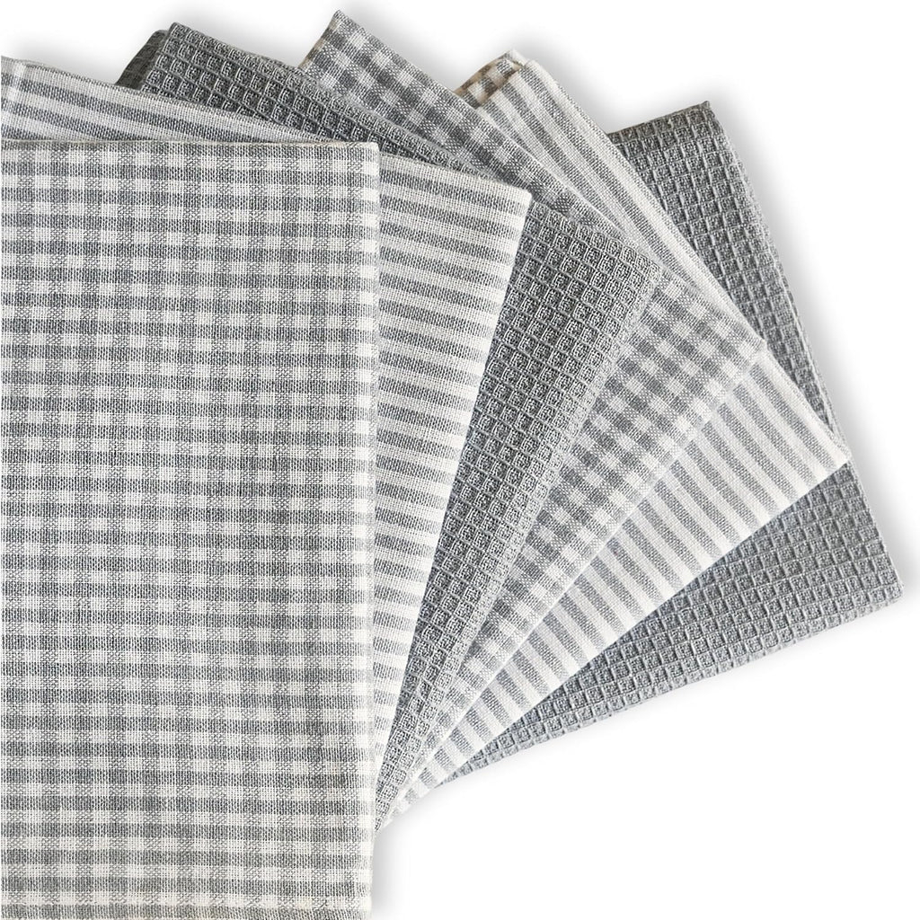 Cotton Dish Towels For Kitchen Drying - Highly Absorbent Light Gray Striped Gingham Plaid Tea Towels - 18"X28" Set Of