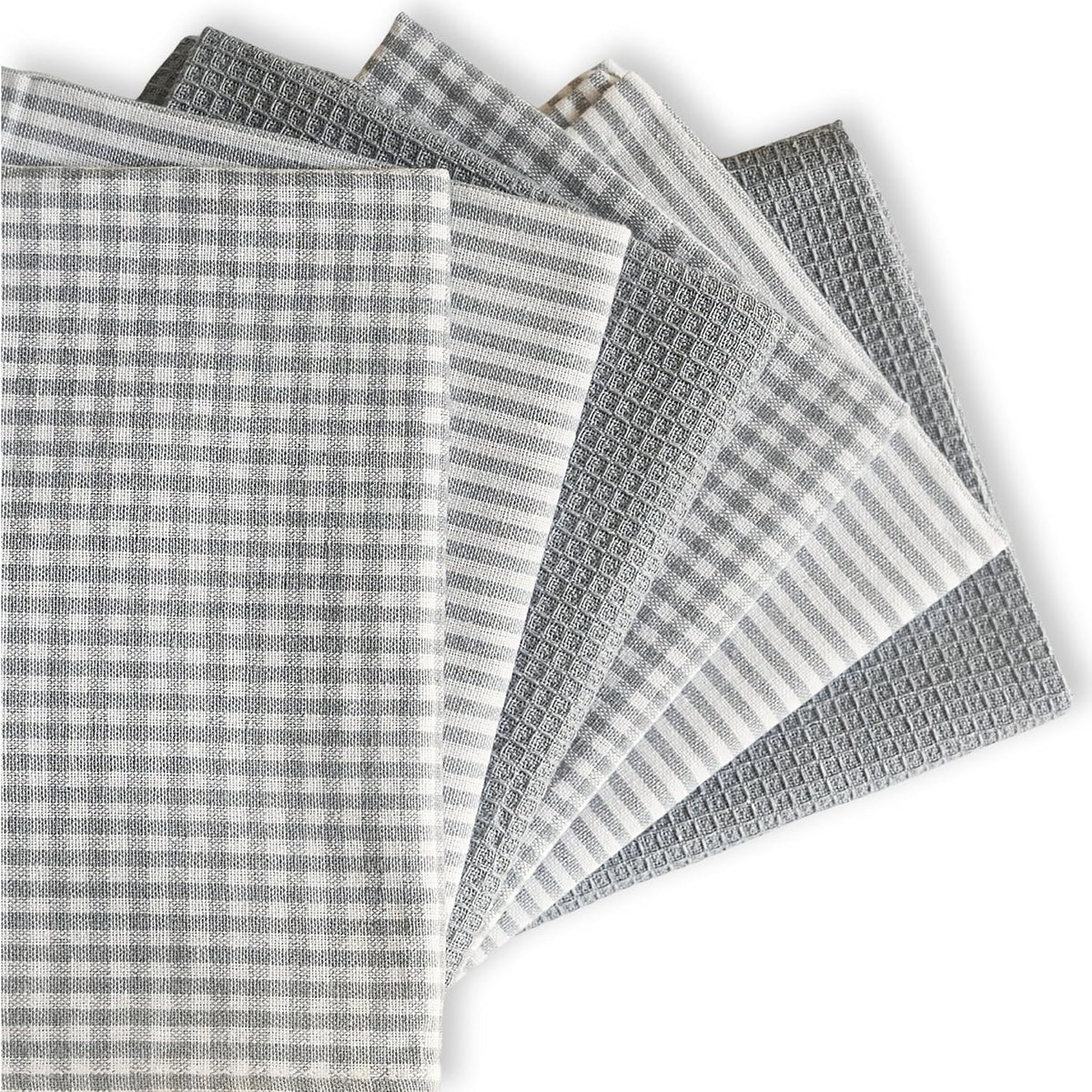 Cotton Dish Towels For Kitchen Drying - Highly Absorbent Light Gray Striped Gingham Plaid Tea Towels - 18"X28" Set Of