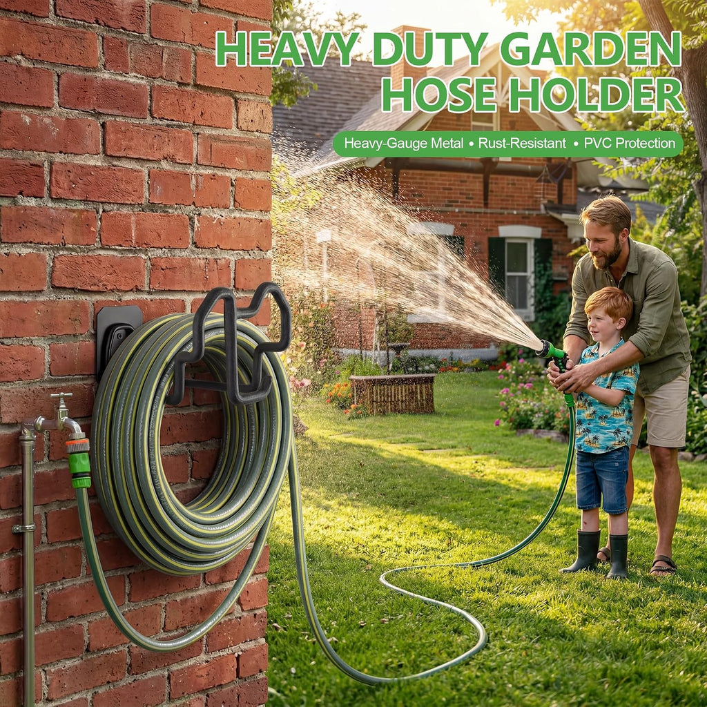 Wall Mount Hose Holder with Nozzle Slot,Rust Resistant,Matte Black | Multi-purpose heavy duty garden hose holder with