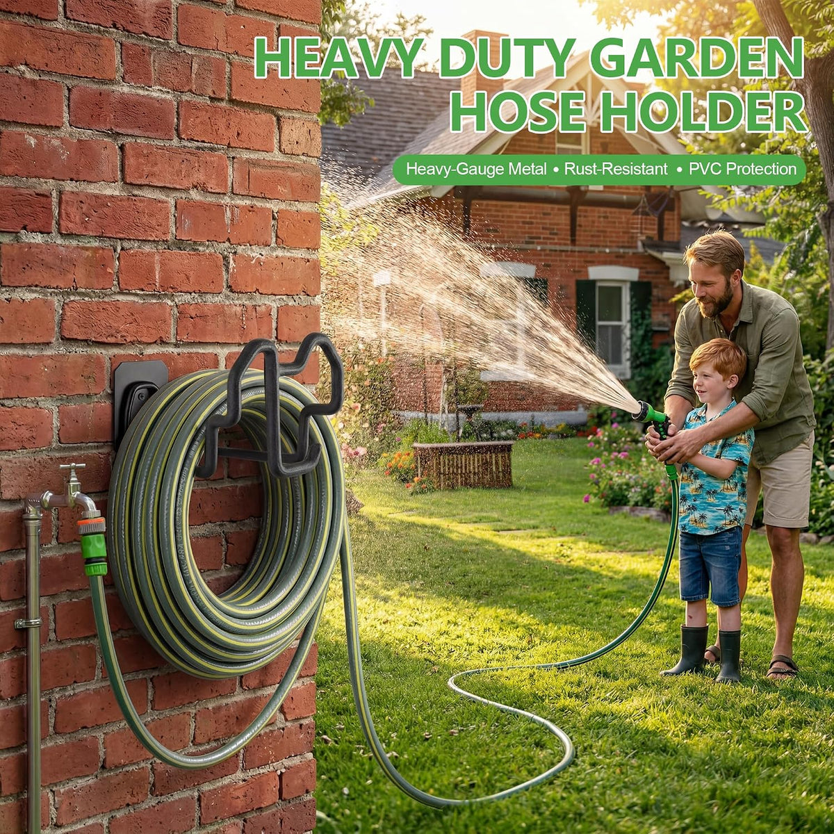 Wall Mount Hose Holder with Nozzle Slot,Rust Resistant,Matte Black | Multi-purpose heavy duty garden hose holder with