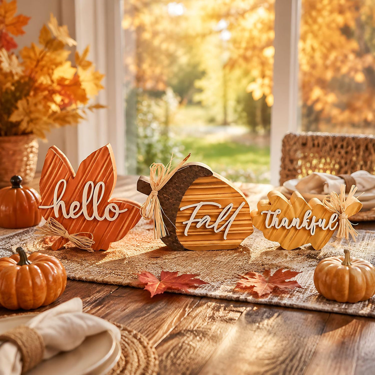 Fall Decorations for Home, 3Pcs Wooden Fall Decor with Maple Leaf Oak Leaf and Acorn for Indoor Table Decor, Rustic