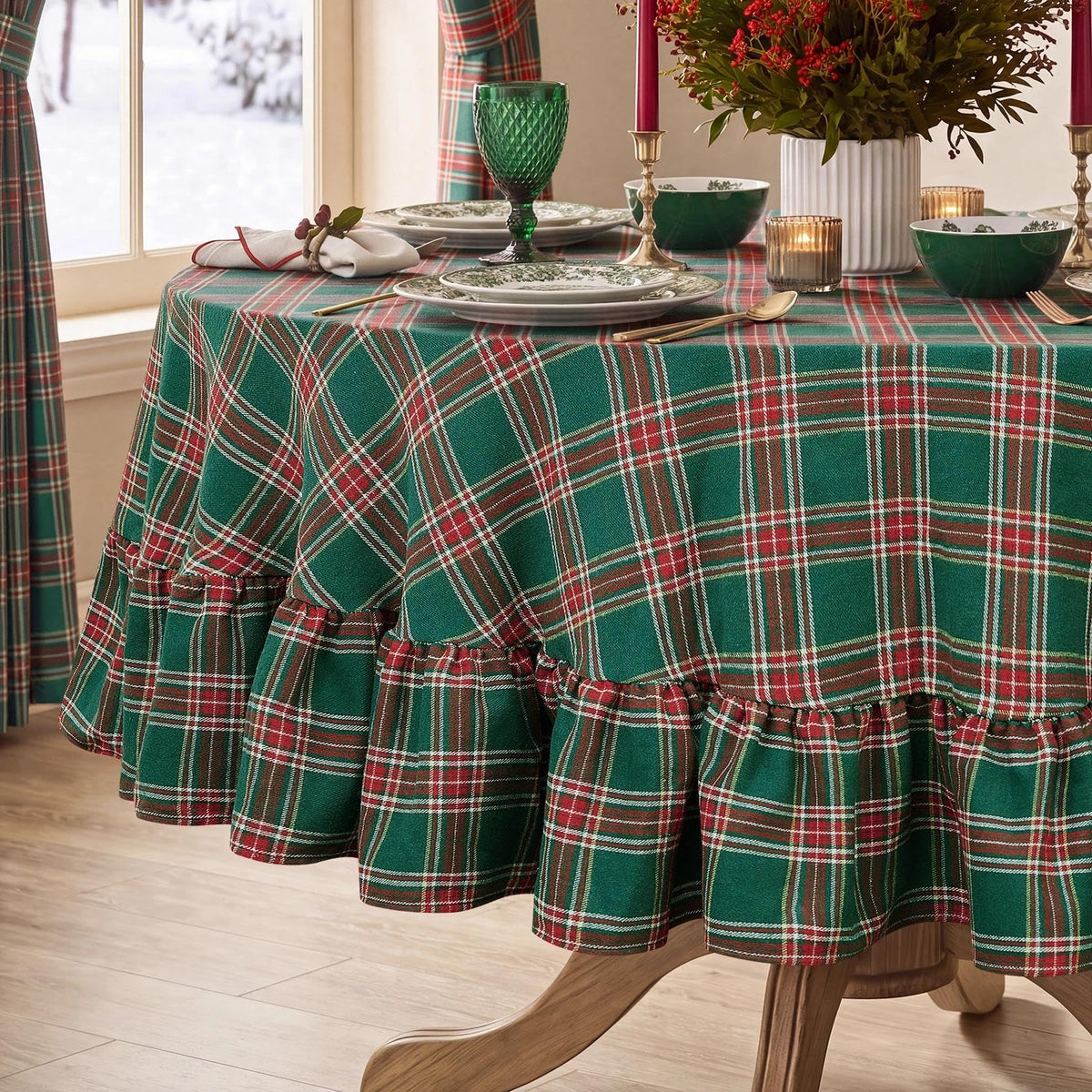 Christmas Ruffle Plaid Round Tablecloth, Green, 70" x 70"