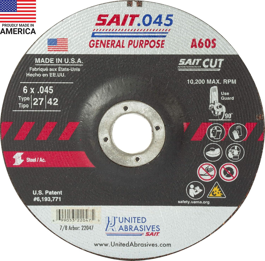United Abrasives-SAIT 22047 A60S General Purpose Cut-Off Wheel (Type 27/Type 42 Depressed Center) 6" x .045" x 7/8", 50-Pack