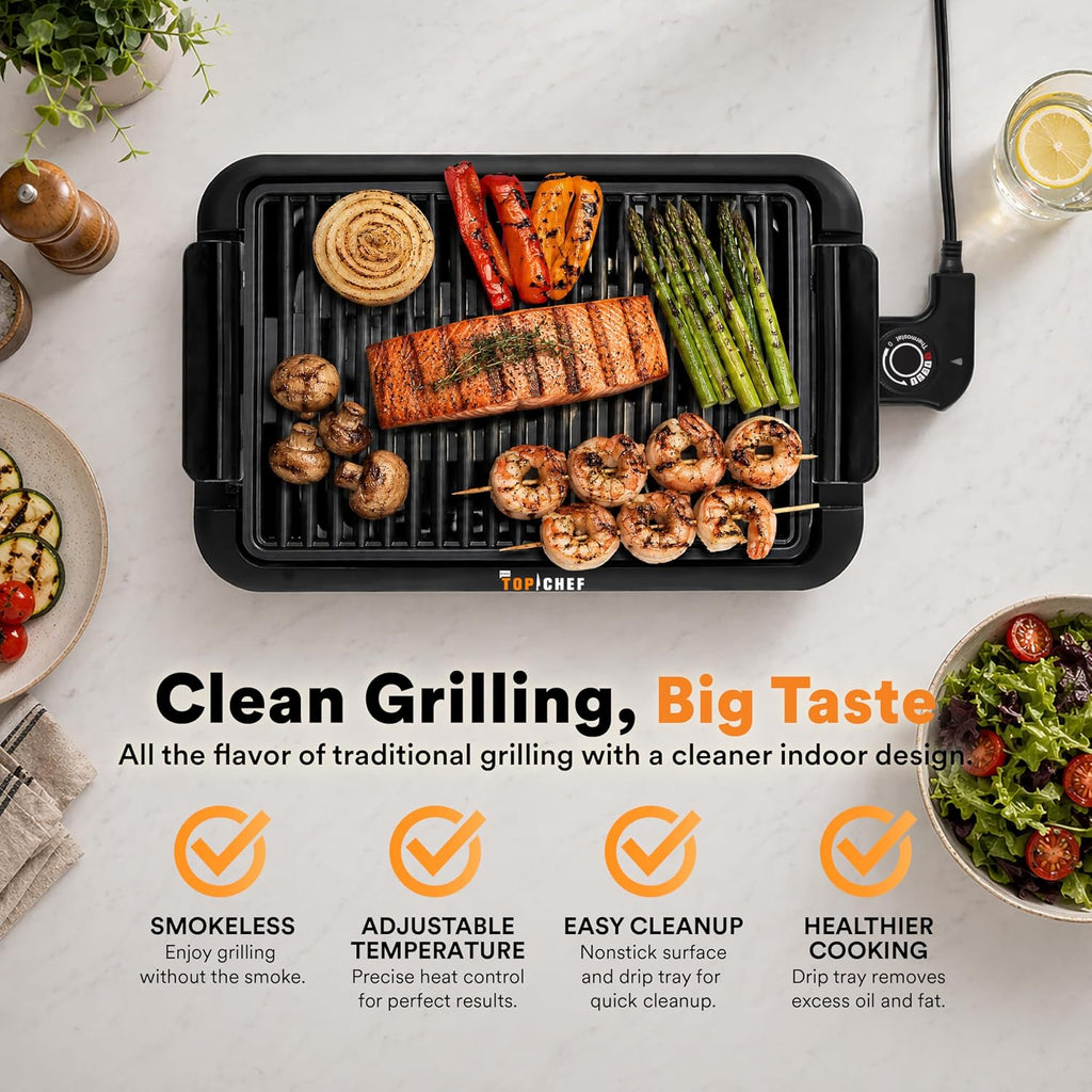 Top Chef Smokeless Indoor Grill with 15x10-Inch Nonstick Grilling Surface, Adjustable Temperature Control, 1200W Fast
