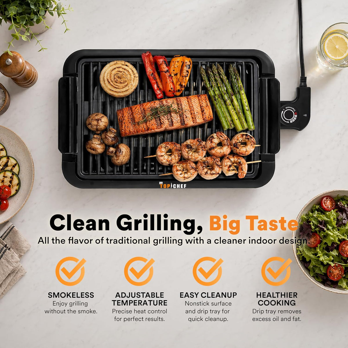 Top Chef Smokeless Indoor Grill with 15x10-Inch Nonstick Grilling Surface, Adjustable Temperature Control, 1200W Fast