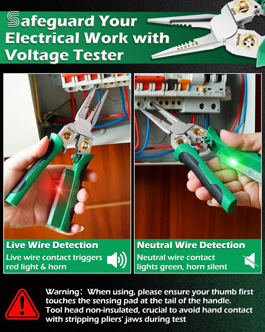8-in-1 Wire Stripper with NCV Voltage Tester (Green), Professional Electrical Tool for Hot/Neutral Wire Detection