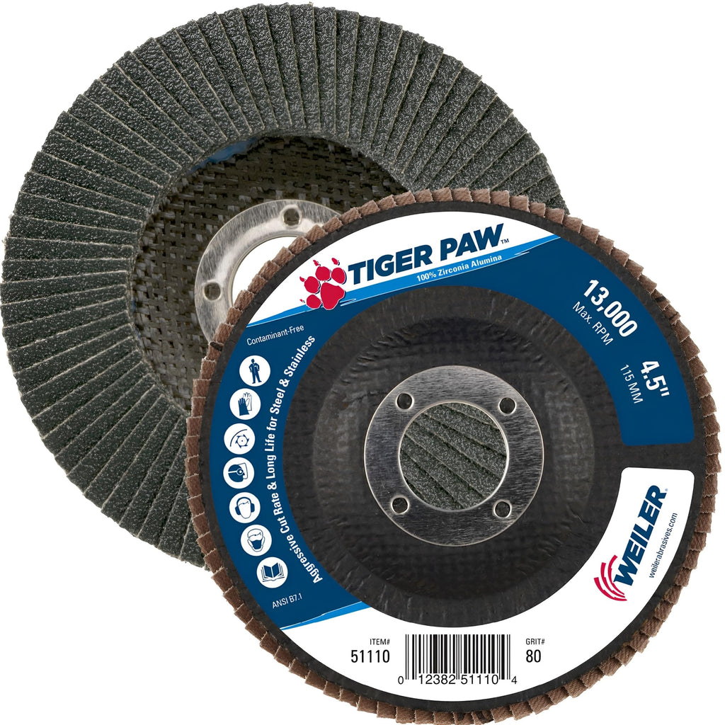 Weiler 51110 4-1/2" Tiger Paw Abrasive Flap Disc, Flat (Ty27), Phenolic Backing, 80Z, 7/8" Arbor Hole (Pack of 10)