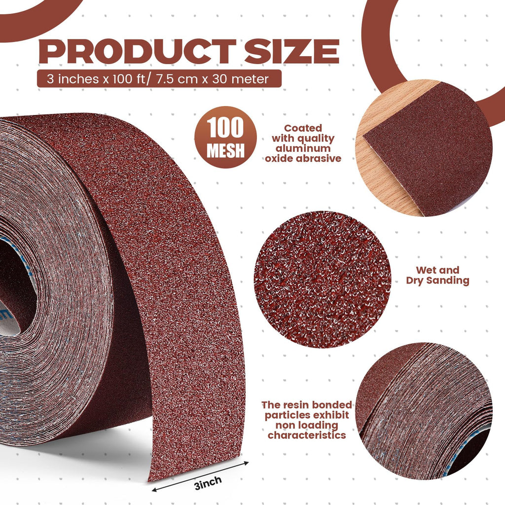 Heigble 100 Grit Sandpaper Roll for Drum Sander, 3"x100 ft Emery Sand Paper