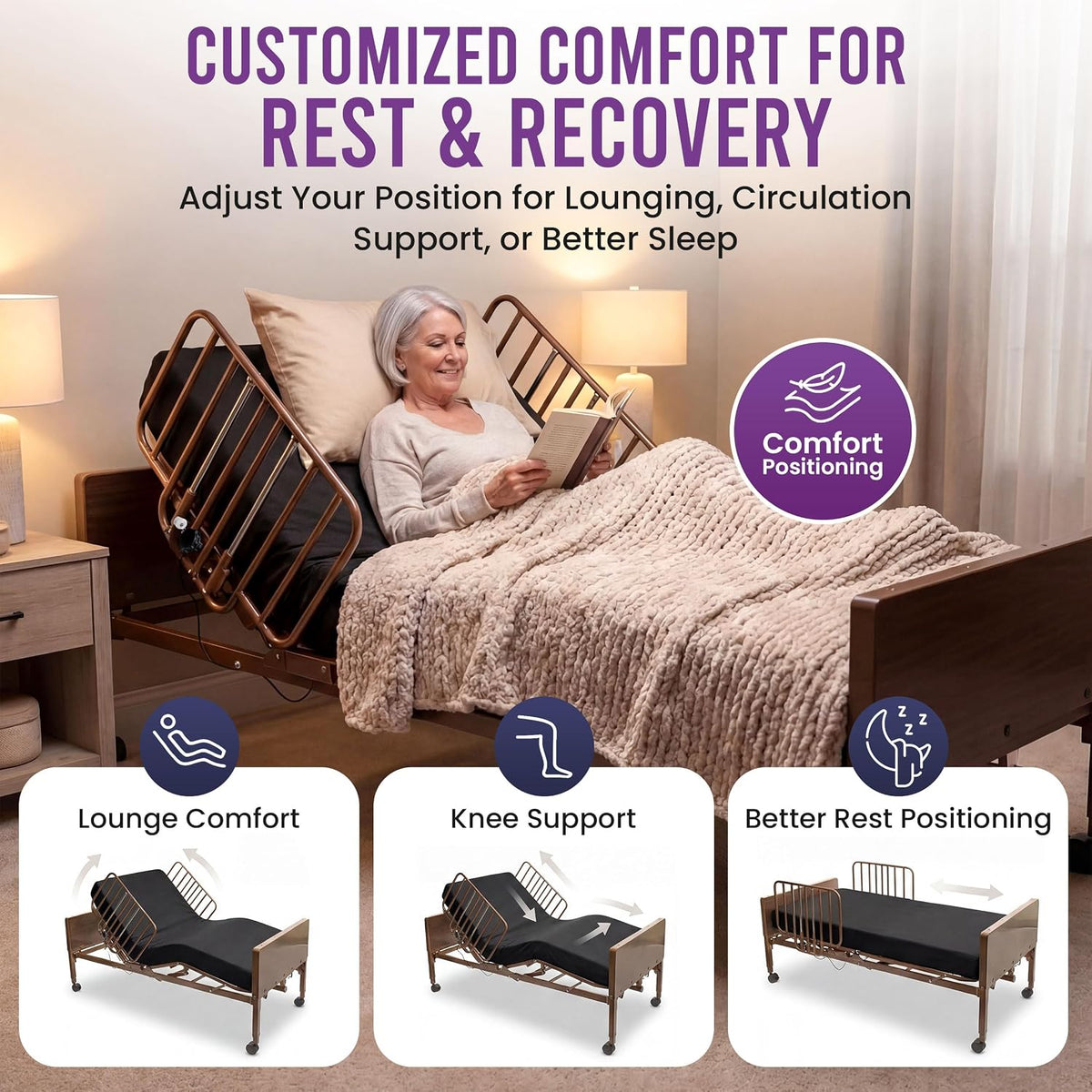 Full Electric Hospital Bed for Home Use with Foam Mattress, Half Rails - Medical Bed Set