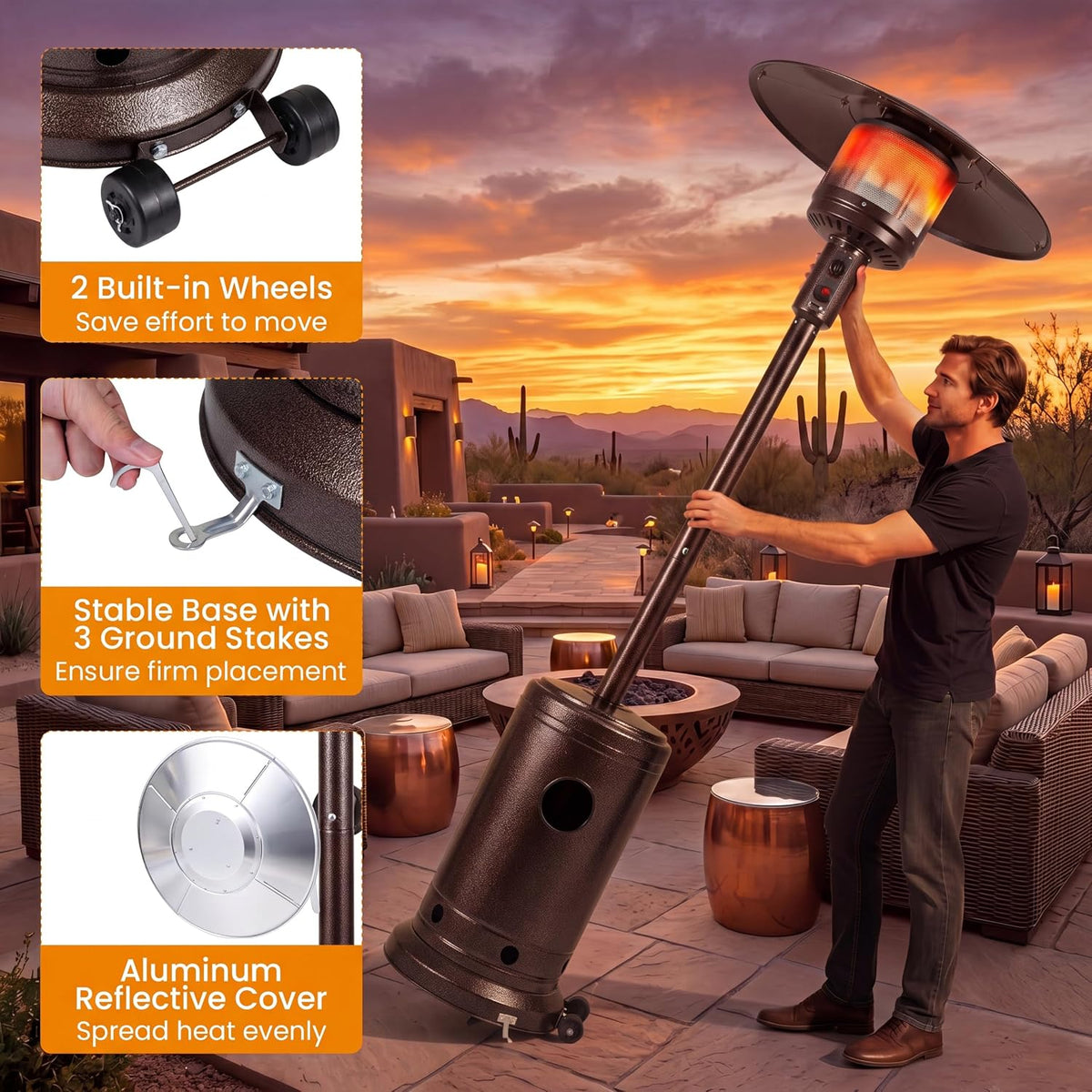 Outdoor Patio Heater, 47476 BTU Propane Heater with Stainless Steel Burner and Wheels, Triple Protection System