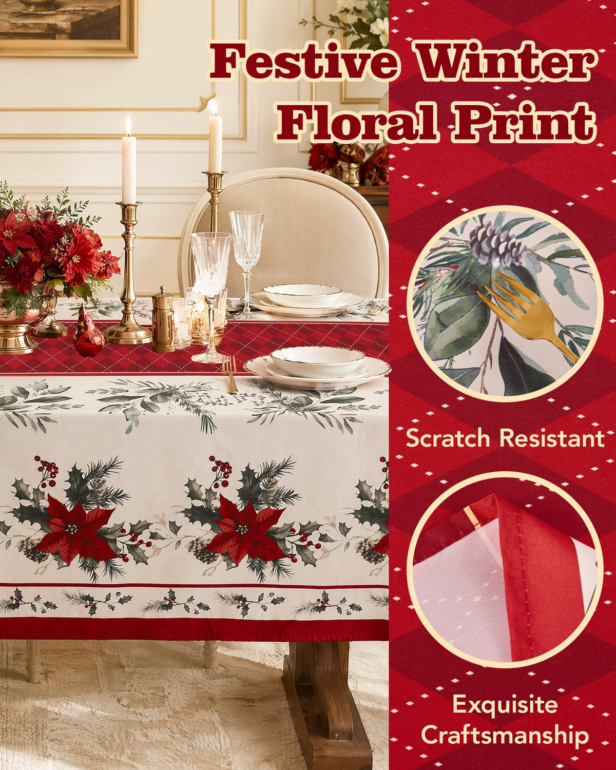 Christmas Tablecloth Rectangle, Holiday Dining Decor, 60x120 Inch