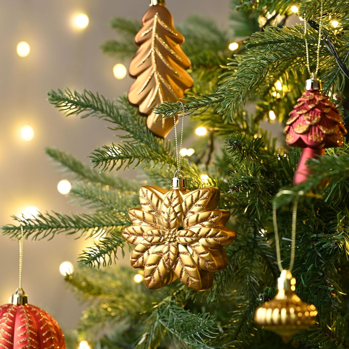 Christmas Ornaments Set, 80ct Red and Brown Shatterproof Christmas Tree Decorations, Woodland Hanging Ball Ornaments