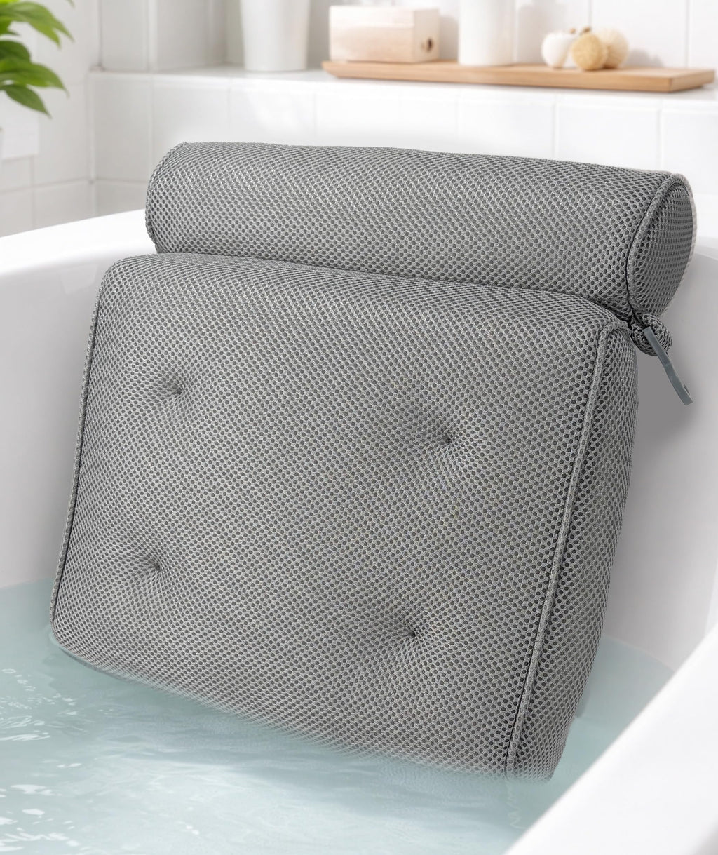 Luxury Bath Pillow for Tub – Quick-Dry 4D Mesh – Gray