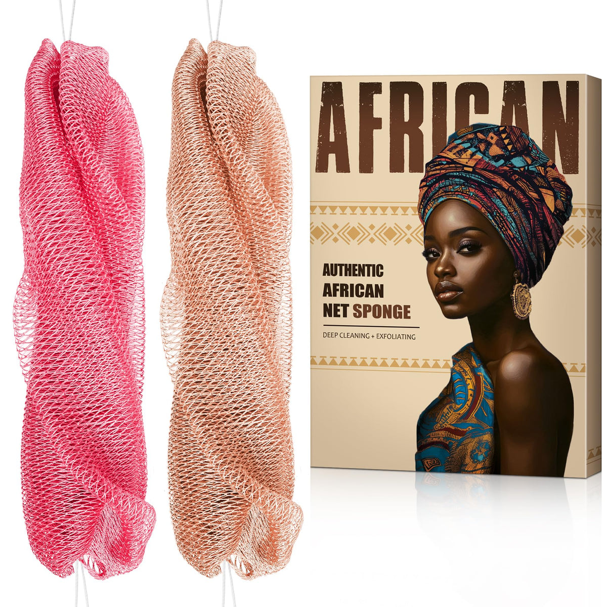 African Net Sponge Authentic - Back Scrub Exfoliating Net Sponge with Knots - 2 Pieces African Bath Sponges for Body