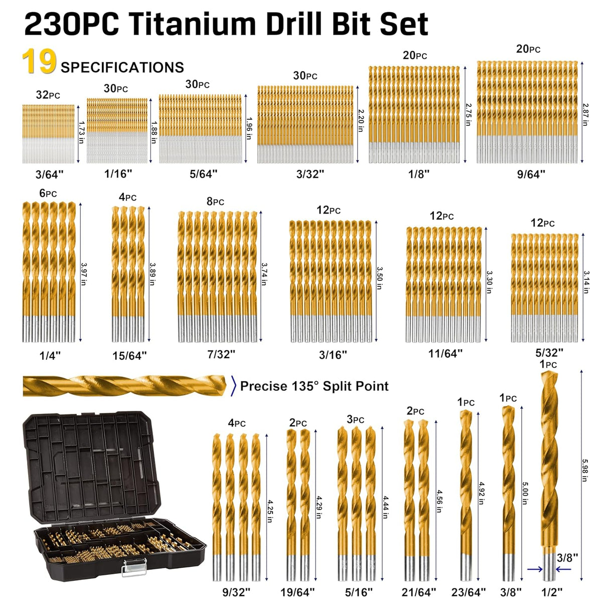 230 Pieces Titanium Twist Drill Bit Set, 135° Tip High Speed Steel, Size from 3/64" up to 1/2", Ideal Drilling in Wood/Cast Iron/Aluminum Alloy/Plastic/Fiberglass, with Hard Storage