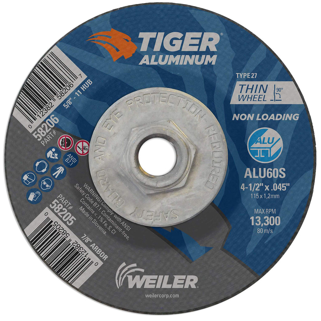 Weiler 58206 4-1/2 Inch Cutting Wheel, Tiger Aluminum Non-Loading Contaminant-Free High Performance Cutting, .045" ALU60S Type 27 5/8"-11 Hub, Pack of 10