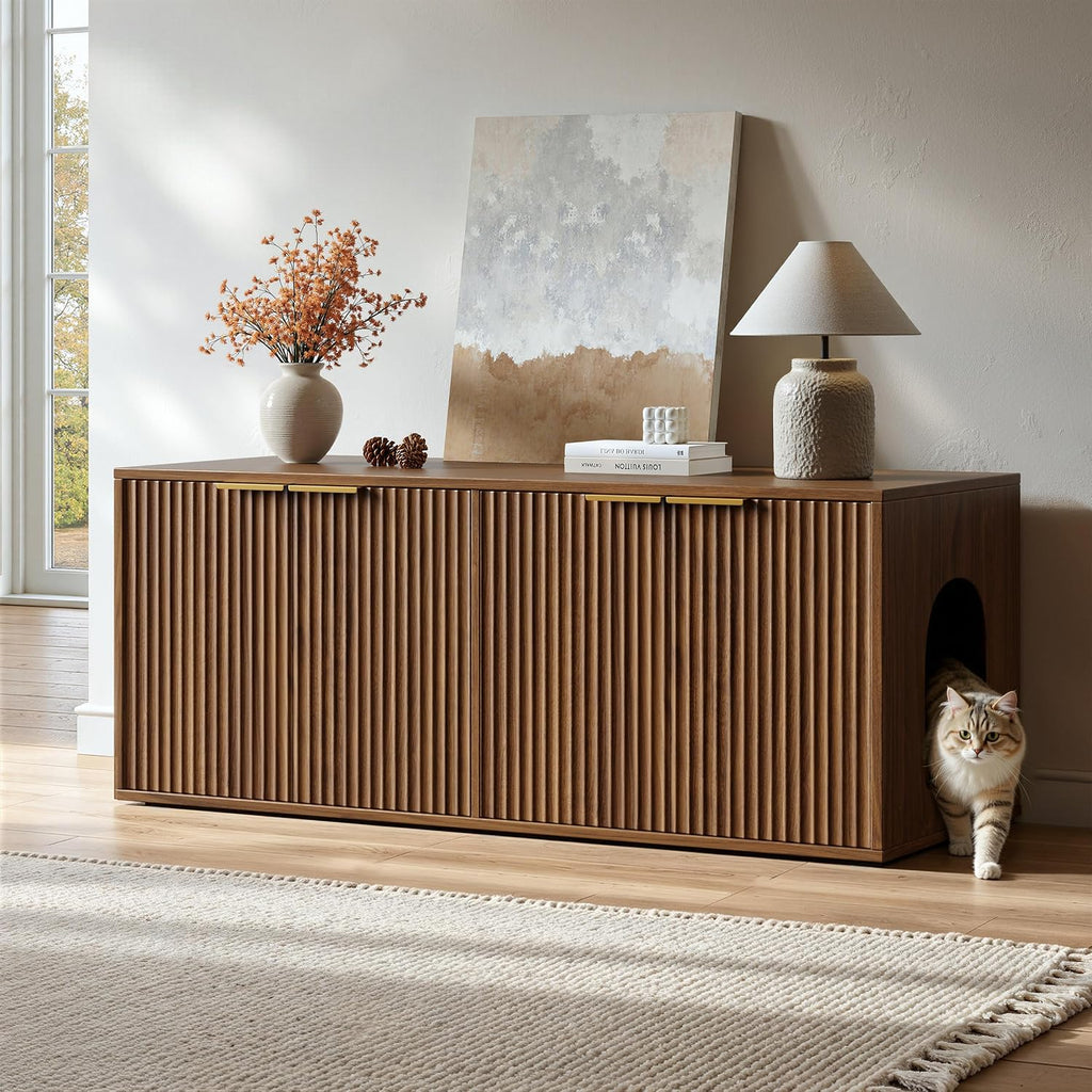 47.2" Walnut Litter Box Enclosure Furniture for 2 Cats