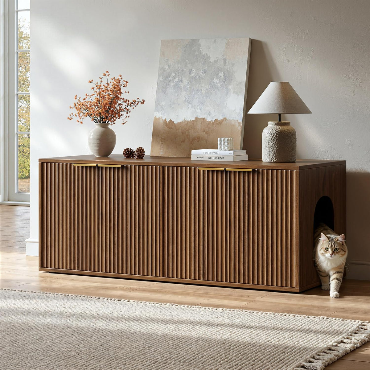 47.2" Walnut Litter Box Enclosure Furniture for 2 Cats