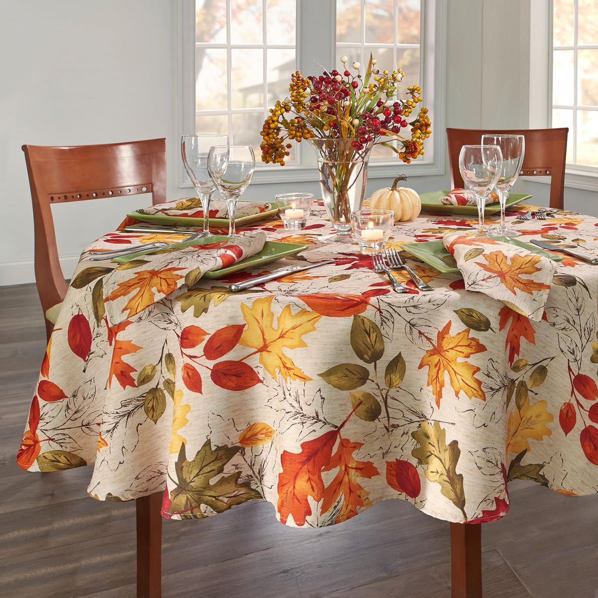 Autumn Leaves Fall Printed Tablecloth, Multicolor - 70" W x 70" L Round