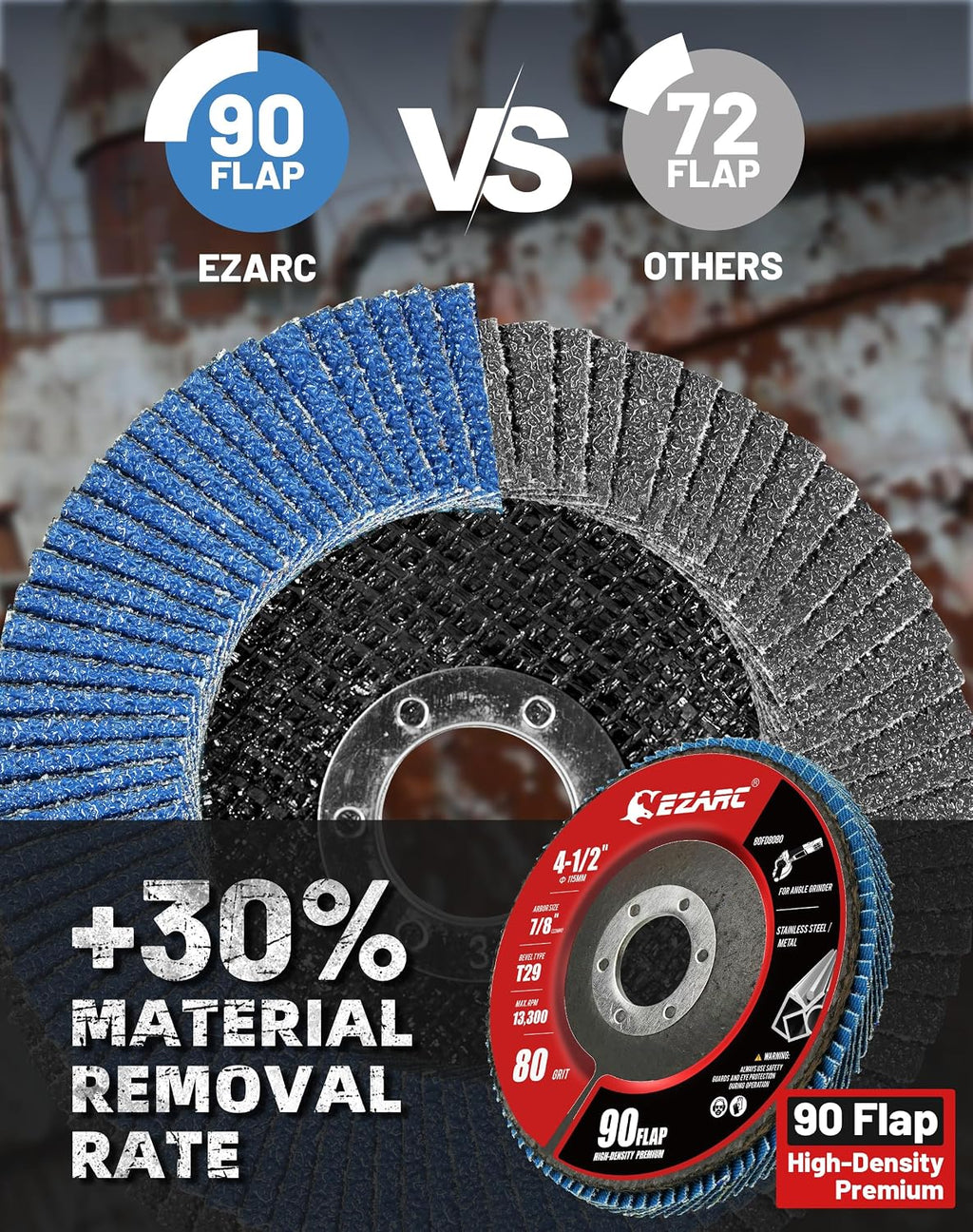 EZARC Zirconia Flap Discs 80 Grit High Density, 4.5x7/8", Type 29, 12-Pack
