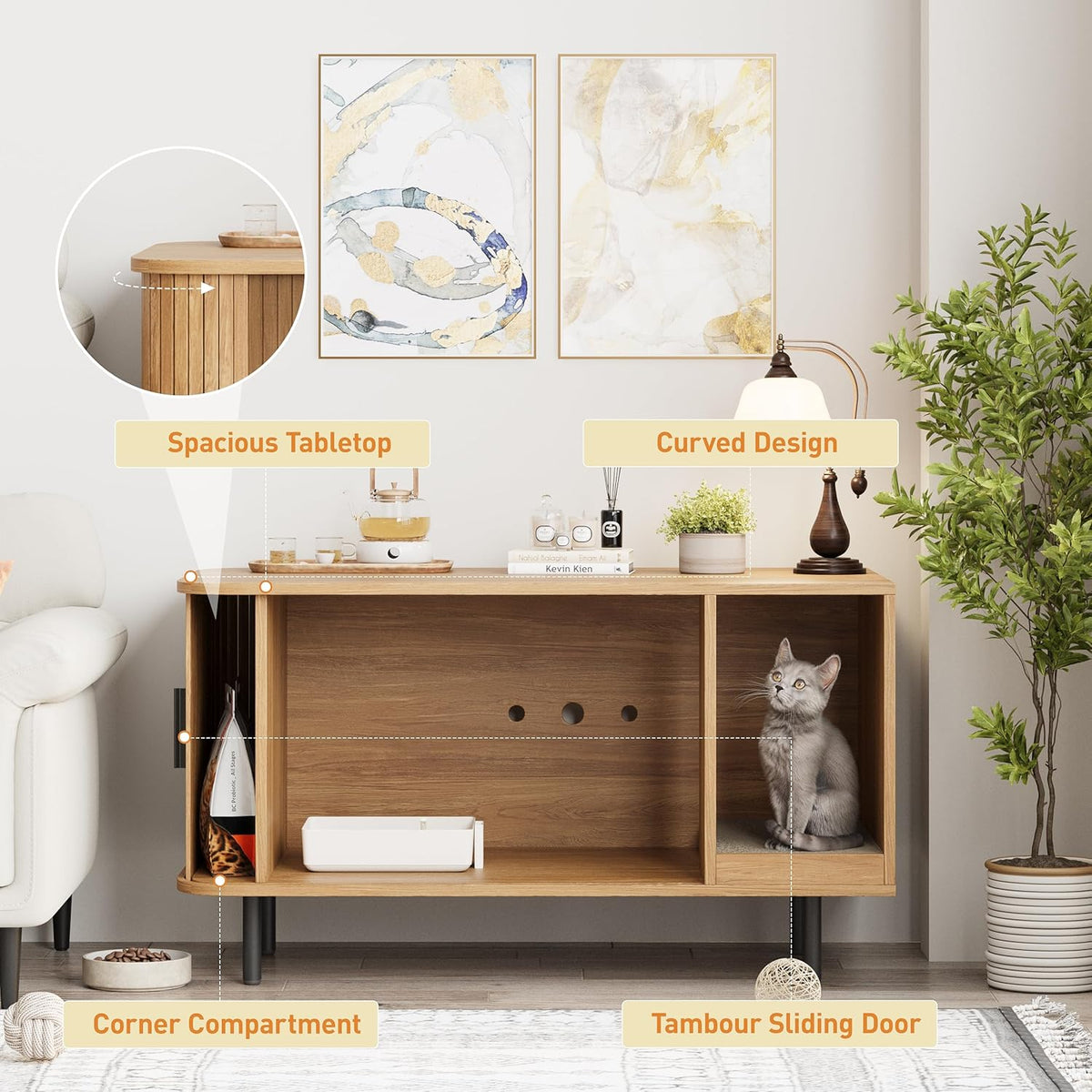 37.4" Cat Litter Box Enclosure with Scratch Pad, Sliding Door
