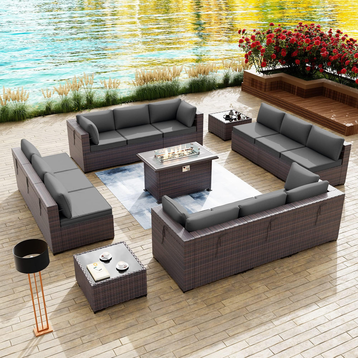 15 Piece Outdoor Wicker Patio Furniture Set with Fire Pit Table
