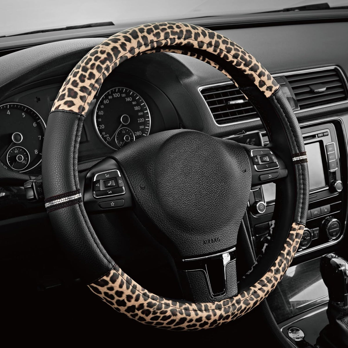 Leopard Steering Wheel Cover - Made with PVC Leather Cheetah Print - Anti-Slip, Universal Fit 14 1/2 inches to 15