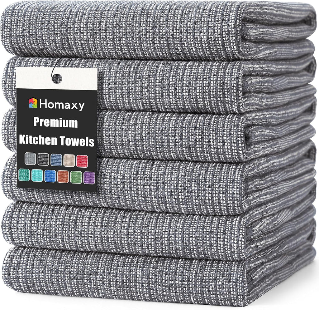 380 GSM Cotton Premium Kitchen Towels 6 Pack, 18"x 28", Grey | Flat and Terry Dish Towels, Highly Absorbent Tea Towel
