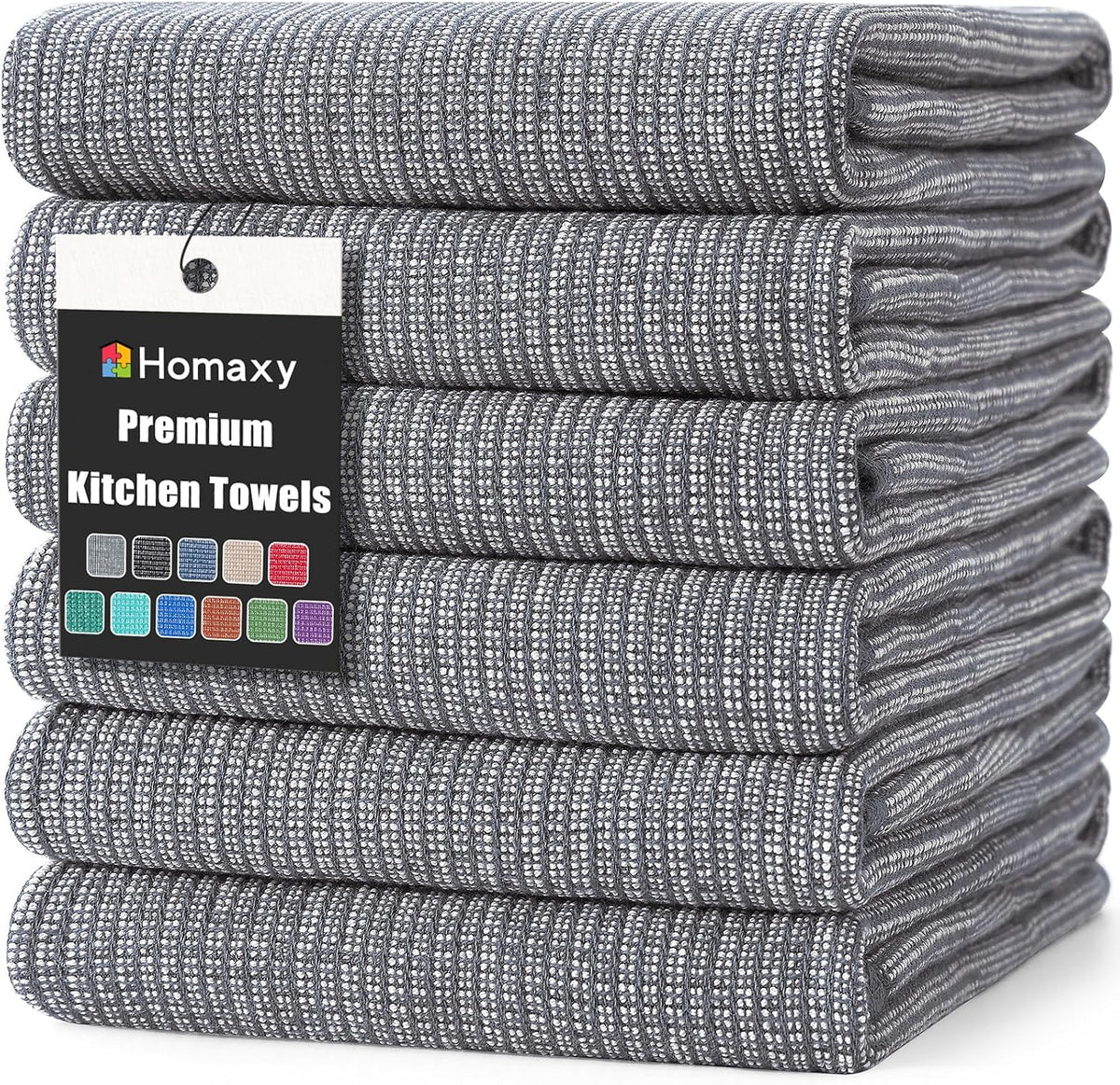 380 GSM Cotton Premium Kitchen Towels 6 Pack, 18"x 28", Grey | Flat and Terry Dish Towels, Highly Absorbent Tea Towel