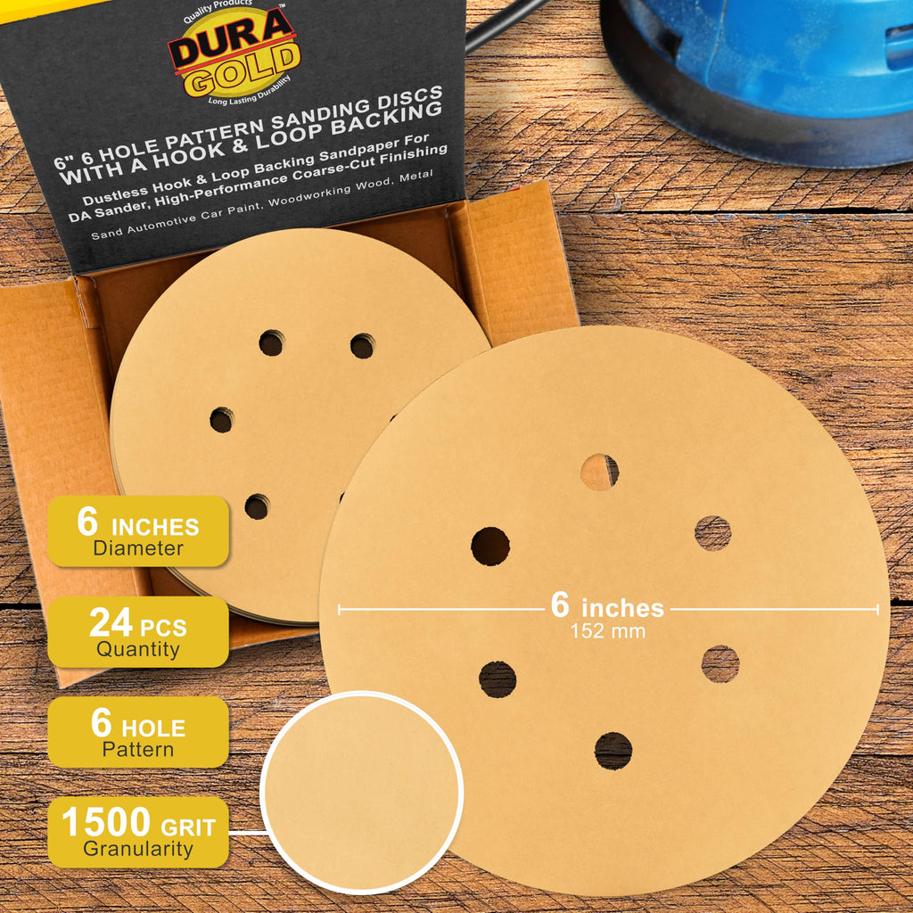 Dura-Gold 6" Gold Sanding Discs, 1500 Grit, Box of 24, 6 Hole Pattern H & L