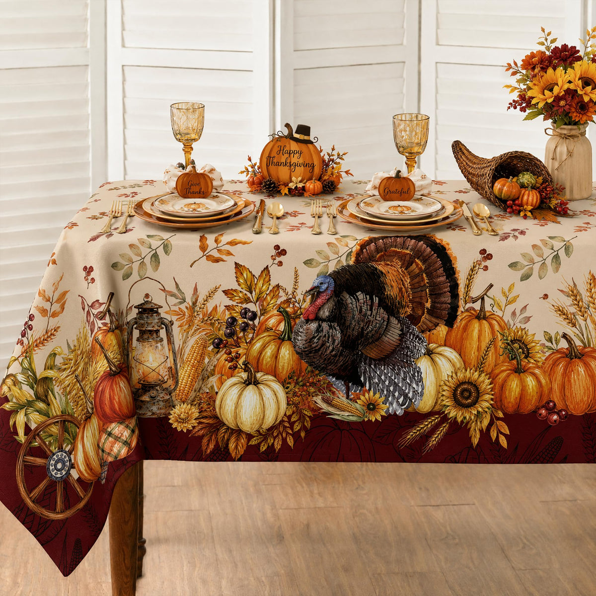Thanksgiving Tablecloth 60x84 Inch, Vintage Turkey Pumpkin Sunflower Rectangular Table Cover, Fall Harvest Border